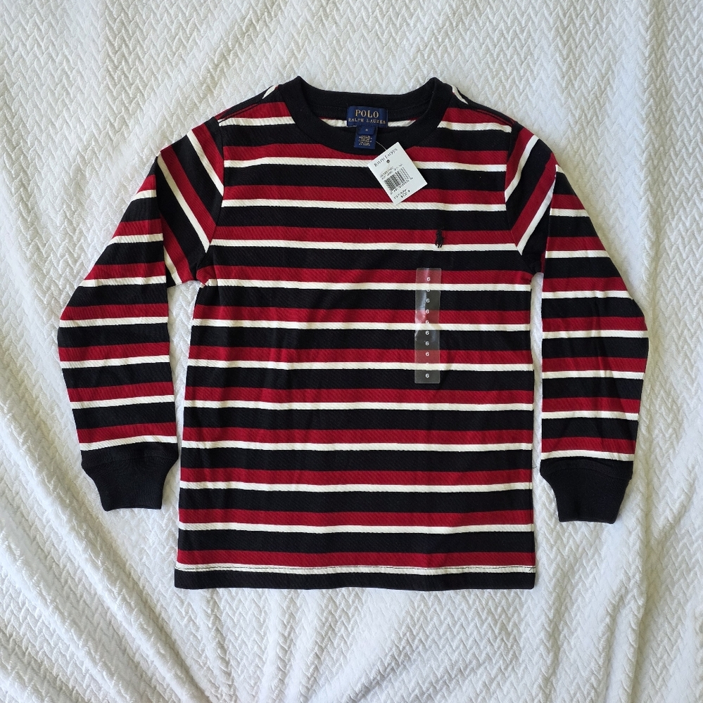 Ralph Lauren Kids Red and Black Striped Long Sleeve Tee